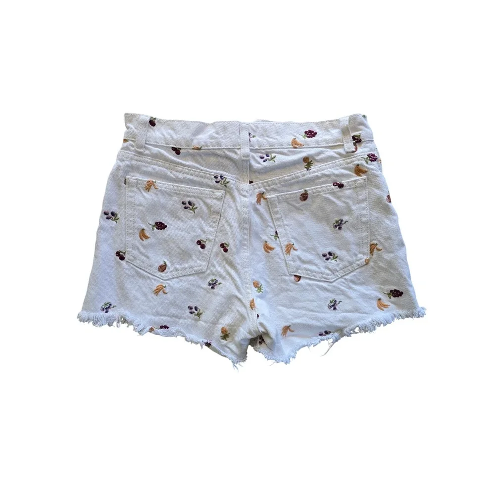 Reformation Charlie Fruitloops High Rise White Denim Fruit Embroidered Shorts 24